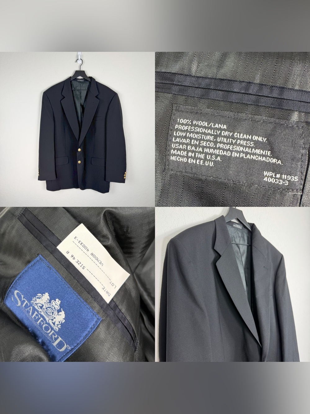 •STAFFORD•  Mens 100% Wool 2  Button Blazer Black 46R